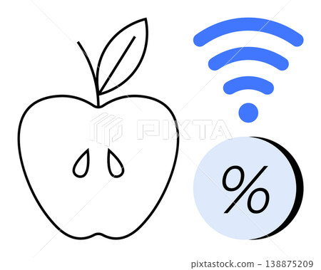 Education, technology, data analysis, health, communication, connectivity. Line art apple next to a wireless signal and percentage icon. Education and technology concepts Education, technology, data analysis, health, communication, connectivity. Line art apple next to a wireless signal and percentage icon. Education and technology concepts 138875209