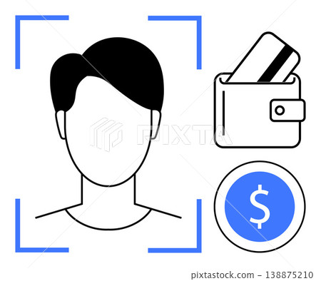 Identity security, online transactions, cashless payments, fraud prevention, digital wallets, authentication. Face scan, wallet with card dollar symbol. Identity security and online transactions Identity security, online transactions, cashless payments, fraud prevention, digital wallets, authentication. Face scan, wallet with card dollar symbol. Identity security and online transactions 138875210