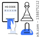 Global trade, customs processing, planning, retail pricing, commercial strategy, product categorization. A hand inserting a payment, HS code screen chess pawn and purse with tag. Global trade 138875212