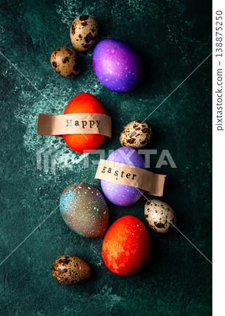 Easter eggs painted in purple and red 138875250