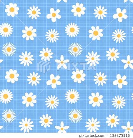 White vector daisies on blue grid, cute floral background for spring and summer product and fabric design White vector daisies on blue grid, cute floral background for spring and summer product and fabric design 138875316