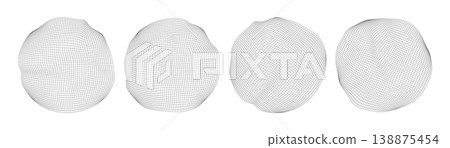 Collection of four abstract wireframe mesh sphere shapes with distorted organic surface grid lines isolated on white background Collection of four abstract wireframe mesh sphere shapes with distorted organic surface grid lines isolated on white background 138875454