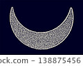 Ornate Crescent Moon with Intricate Arabic Calligraphy Pattern on Dark Blue Background 138875456