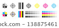 CMYK Color Registration Marks and Calibration Swatches with Grayscale Chart for Professional Printing Quality Control 138875461