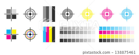 CMYK Color Registration Marks and Calibration Swatches with Grayscale Chart for Professional Printing Quality Control 138875461