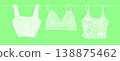 Spring Fashion Collection of Female Tops Hanging on a Clothesline Including Corset Crop Top Lace Bralette and Floral Camisole in White on Fresh Green Background 138875462