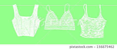 Spring Fashion Collection of Female Tops Hanging on a Clothesline Including Corset Crop Top Lace Bralette and Floral Camisole in White on Fresh Green Background 138875462
