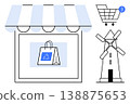 Online shopping, sustainability, renewable energy, retail growth, eco-friendly packaging, green commerce. Storefront with recyclable bag, shopping cart windmill. Sustainability and renewable energy 138875653