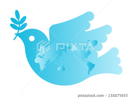 和平鴿圖標和世界地圖（以日本為中心）。 138875655