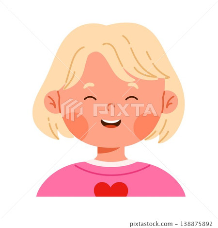 Laughing cute blonde girl character with joyful facial expression. Facial expression. Happy child avatar with positive emotion. Kid apps and emotion education concept. Isolated vector illustration Laughing cute blonde girl character with joyful facial expression. Facial expression. Happy child avatar with positive emotion. Kid apps and emotion education concept. Isolated vector illustration 138875892