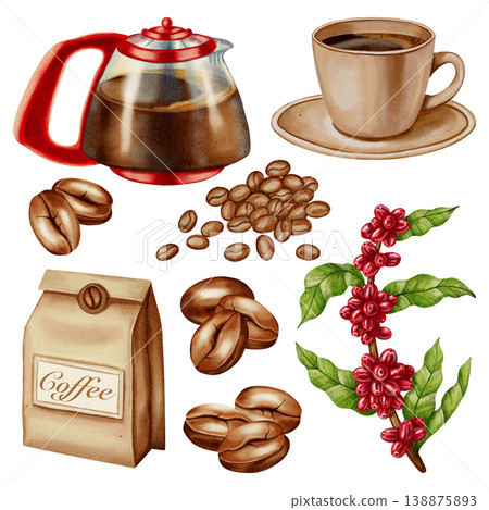 Watercolor coffee set with pot, cup, beans and coffee plant branch. Hand-drawn illustration perfect for shops, cafes, packaging, menus and branding designs Watercolor coffee set with pot, cup, beans and coffee plant branch. Hand-drawn illustration perfect for shops, cafes, packaging, menus and branding designs 138875893