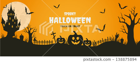Halloween panoramic background with silhouettes of spooky castle full moon bats and pumpkins 138875894