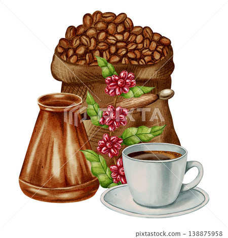 Hand-painted Watercolor illustration coffee cezve. Illustrations for coffee shops, cafes, packaging, menus, and product design. 138875958