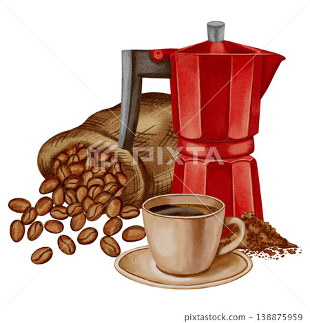 Watercolor illustration of a jute bag with roasted coffee beans, a geyser coffee maker, a cup of coffee, and a coffee pot. Illustrations for coffee shops, cafes, packaging, menus, and product design. 138875959