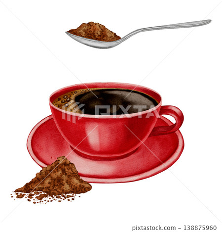 Watercolor coffee cup with a spoon of ground coffee. Loose ground coffee. Illustrations for coffee shops, cafes, packaging, menus, and product design. 138875960