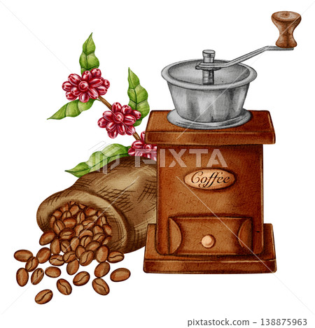 Watercolor illustration of a vintage manual coffee grinder. Craft coffee bag and jute bag with coffee beans. Illustrations for coffee shops, cafes, packaging, menus, and product design. 138875963