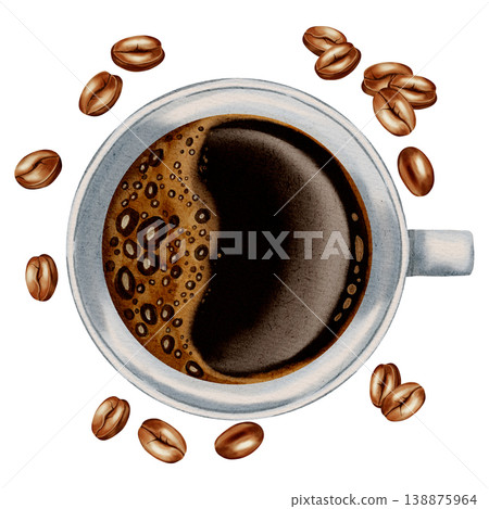 Watercolor coffee cup with coffee beans. Coffee cherries. Espresso. Illustrations for coffee shops, cafes, packaging, menus, and product design. 138875964