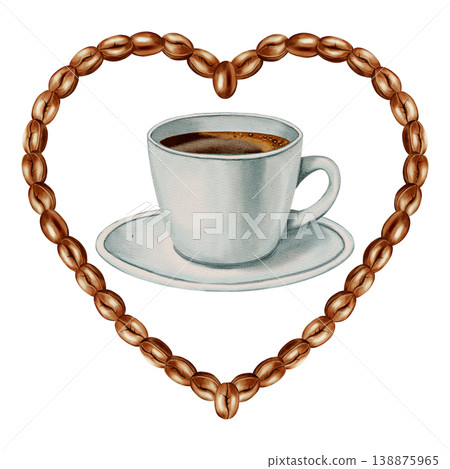Watercolor illustration of a heart made of roasted coffee beans and a cup of black coffee. Love for coffee. Heart. Illustrations for coffee shops, cafes, packaging, menus, and product design. 138875965