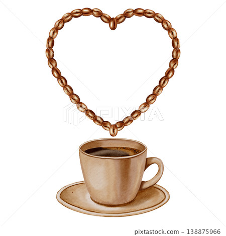 Watercolor illustration of a heart made of roasted coffee beans and a cup of black coffee. Love for coffee. Heart. Illustrations for coffee shops, cafes, packaging, menus, and product design. 138875966