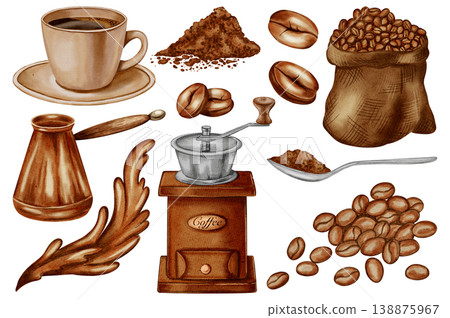 Watercolor coffee set with grinder, cezve, cup, beans and ground coffee. Hand-drawn elements ideal for cafes, coffee shops, packaging, menus and branding materials. 138875967
