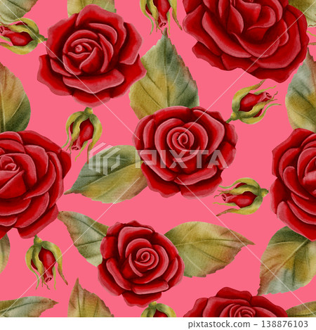 Elegant seamless pattern with hand-drawn watercolor red roses. Perfect for Valentine's Day, weddings, romantic gift wrapping, and floral textile prints. 138876103
