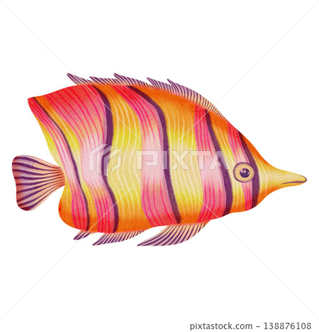 Watercolor illustration of tropical fish. Colorful exotic fish. Bright illustrations, suitable for cheerful summer designs, textiles, summer and children's clothing. Print for children's. Watercolor illustration of tropical fish. Colorful exotic fish. Bright illustrations, suitable for cheerful summer designs, textiles, summer and children's clothing. Print for children's. 138876108