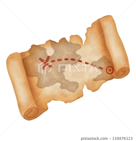 Watercolor illustration treasure map on old parchment scroll with red X mark and dashed path. Nautical chart. Children's, nautical, travel themes. Suitable for design, prints, postcards, sea travel 138876123