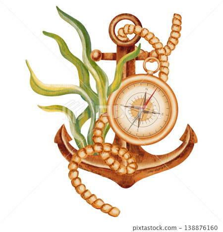 Nautical watercolor illustration featuring a rusty anchor, a vintage gold compass, a rope, and green seaweed. Children's, nautical, travel themes. Suitable for design, prints, postcards, sea travel Nautical watercolor illustration featuring a rusty anchor, a vintage gold compass, a rope, and green seaweed. Children's, nautical, travel themes. Suitable for design, prints, postcards, sea travel 138876160