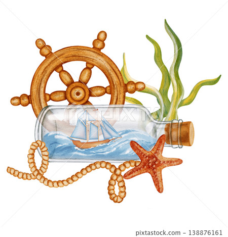 Watercolor illustration of marine compositions with ship in a bottle, treasure map, anchor, sea life. Bright illustrations, suitable for cheerful summer designs, textiles. Print for children's. Watercolor illustration of marine compositions with ship in a bottle, treasure map, anchor, sea life. Bright illustrations, suitable for cheerful summer designs, textiles. Print for children's. 138876161