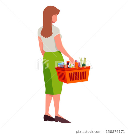 Woman holds orange shopping basket with food products, vector flat grocery market basket with purchases, back view Woman holds orange shopping basket with food products, vector flat grocery market basket with purchases, back view 138876171