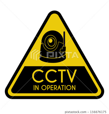 CCTV in operation triangle black and yellow vector sign, surveillance camera symbol, security safety protecting device CCTV in operation triangle black and yellow vector sign, surveillance camera symbol, security safety protecting device 138876175