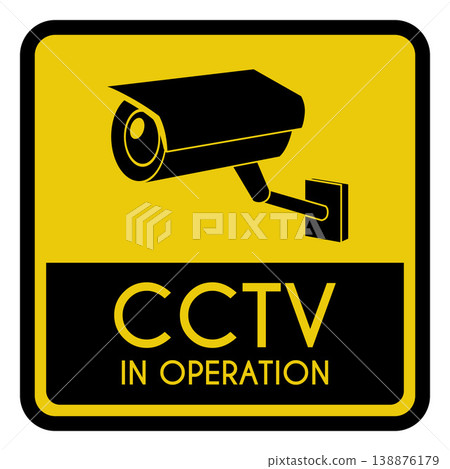 CCTV in operation square black and yellow vector sign, surveillance camera symbol, security safety protecting device CCTV in operation square black and yellow vector sign, surveillance camera symbol, security safety protecting device 138876179