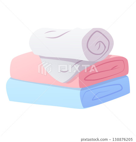 Stacked and roll pastel colorful towels flat vector ,cartoon clean bath cotton textile for bathroom hygiene procedures Stacked and roll pastel colorful towels flat vector ,cartoon clean bath cotton textile for bathroom hygiene procedures 138876205