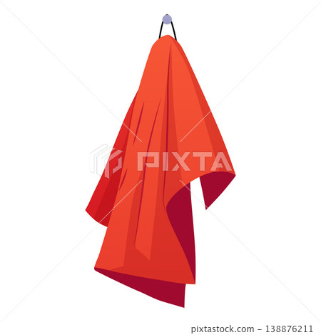 Red towel on a hanger flat vector icon, cartoon hand towel, clean bath cotton textile for bathroom hygiene procedures Red towel on a hanger flat vector icon, cartoon hand towel, clean bath cotton textile for bathroom hygiene procedures 138876211