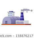Factory buildings vector flat illustration, industrial manufacturing plant complex with smoke chimney, hangar round roof 138876217
