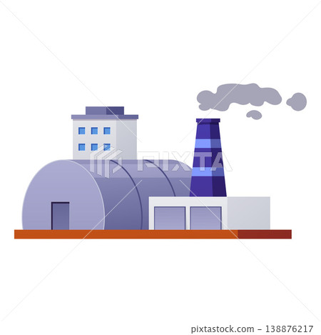 Factory buildings vector flat illustration, industrial manufacturing plant complex with smoke chimney, hangar round roof 138876217