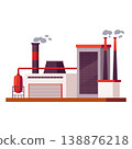 Factory buildings vector flat illustration, industrial manufacturing plant complex architecture with smoke chimneys 138876218