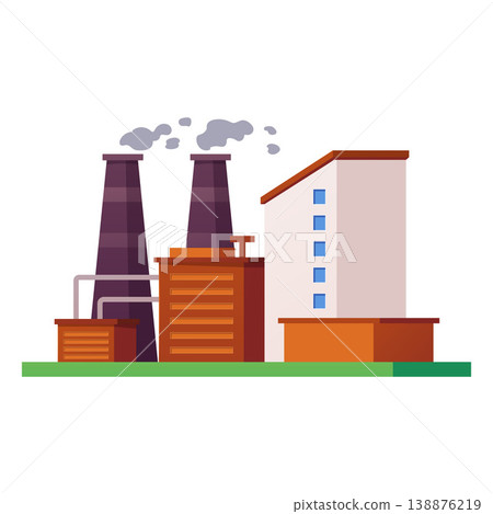 Factory buildings, industrial manufacturing complex architecture with smoke chimneys, plant vector flat illustration Factory buildings, industrial manufacturing complex architecture with smoke chimneys, plant vector flat illustration 138876219