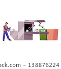 Garbage sorting machine, man working on recycling factory, vector flat trash recycling conveyor, waste processing plant 138876224