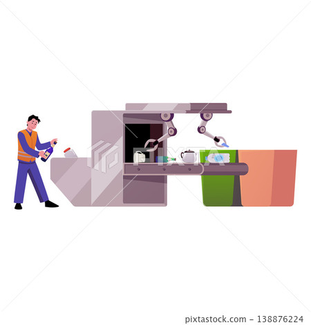 Garbage sorting machine, man working on recycling factory, vector flat trash recycling conveyor, waste processing plant 138876224
