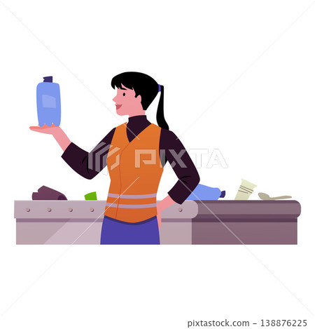Plastic waste recycling factory process, woman sorting garbage, trash recycling conveyor, waste processing plant Plastic waste recycling factory process, woman sorting garbage, trash recycling conveyor, waste processing plant 138876225