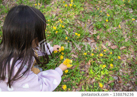 A child reaching out to a dandelion 138876236