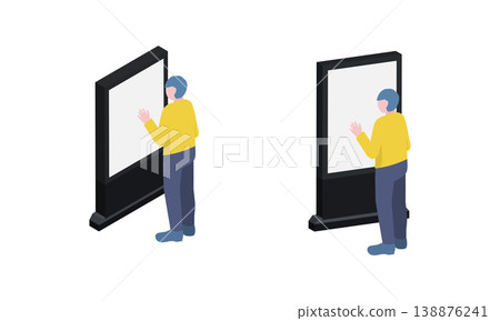 Isometric view of a person and digital signage operation (touch panel advertising) Isometric view of a person and digital signage operation (touch panel advertising) 138876241