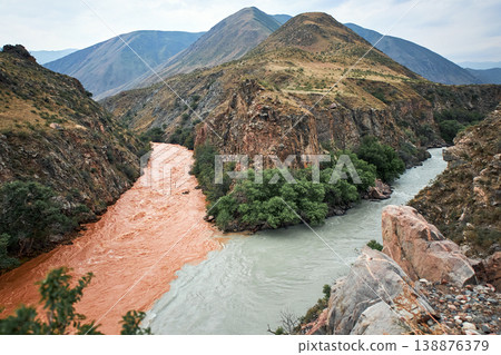 Two rivers with different colors merge in a mountain landscape. Nature meeting point symbolizing environment and unity. Outdoor travel scenery. Two rivers with different colors merge in a mountain landscape. Nature meeting point symbolizing environment and unity. Outdoor travel scenery. 138876379