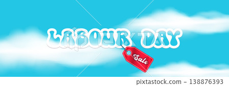 Labour Day Sale celebration banner. Blue sky background with soft white clouds and red sale discount tag. Modern horizontal header for International Workers Day sale retail marketing promotions. Labour Day Sale celebration banner. Blue sky background with soft white clouds and red sale discount tag. Modern horizontal header for International Workers Day sale retail marketing promotions. 138876393