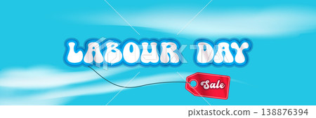 Labour Day Sale celebration banner. Blue sky background with soft white clouds and red sale discount tag. Modern horizontal header for International Workers Day sale retail marketing promotions. Labour Day Sale celebration banner. Blue sky background with soft white clouds and red sale discount tag. Modern horizontal header for International Workers Day sale retail marketing promotions. 138876394
