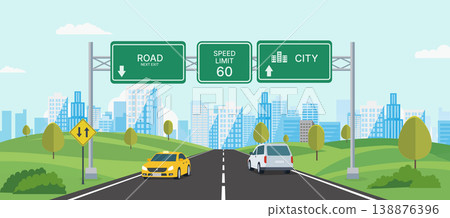 Urban city road with traffic signs and cars vector illustration, highway perspective leading into modern city skyline with buildings, transportation and traffic scene. Urban city road with traffic signs and cars vector illustration, highway perspective leading into modern city skyline with buildings, transportation and traffic scene. 138876396