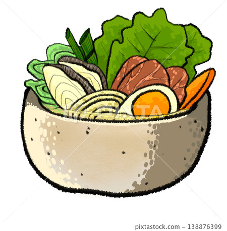 japanese hot pot clear soup beef egg fish vegetable bowl drawing illustration 138876399