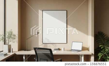 Workspace With a Desk, Chair, Laptop, and Empty Wall in a Modern Setting During Daytime Hours 138876551