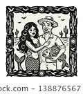 Fisherman and mermaid. Brazilian cordel. Woodcut. Northwest folklore. Vector illustration in frame. Monochrome 138876567